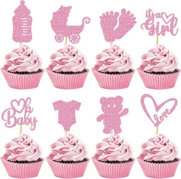 8 cupcakeprikkers Baby Girl roze of blauw + 8 cupcakebakjes, Verzenden, Nieuw, Taarten of Cupcakes, Versiering