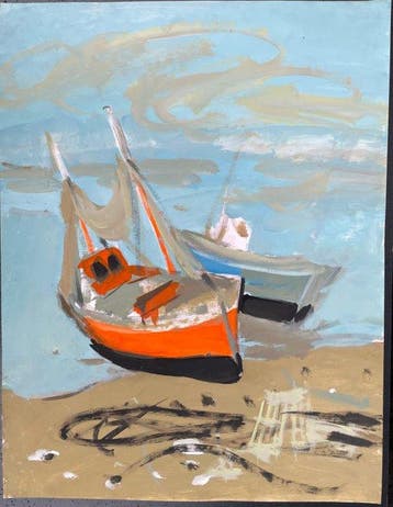 Yves Ganne (1931-2019) - Marine au Bateau à Coque Orange.