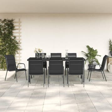 vidaXL 9-delige Tuinset textileen en staal zwart, Verzenden, Nieuw, 8 zitplaatsen, Rvs