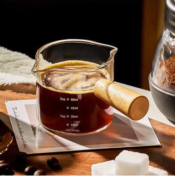 Glazen Espresso Maatbeker met Houten Handvat – Barista Glas, Verzenden, Nieuw