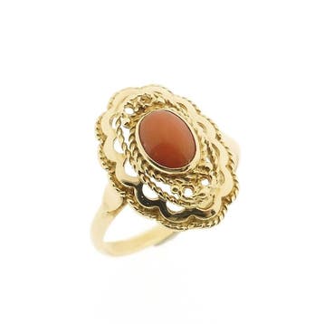 Antiek gouden ring met bloedkoraal, Sieraden, Tassen en Uiterlijk, Gebruikt, 20 of groter, Ophalen of Verzenden, Met edelsteen