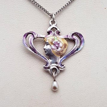 Zilver, Art Nouveau, Emaille - Ketting met hanger