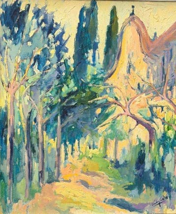 Valeri Farras (1950) - Camino de árboles con iglesia, Antiek en Kunst