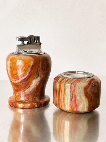 Striking Italian Onyx Table Lighter Set – 1960s/1970s – 957