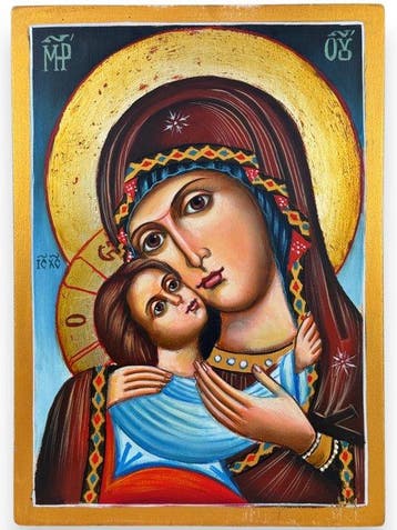 Icoon - Onze-Lieve-Vrouw van Eleusa - Tempera op doek en, Antiek en Kunst