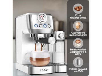 COOK-IT Espressomachine - RvS Koffiemachine - 20 Bar, Witgoed en Apparatuur, Koffiezetapparaten, Verzenden, Zo goed als nieuw