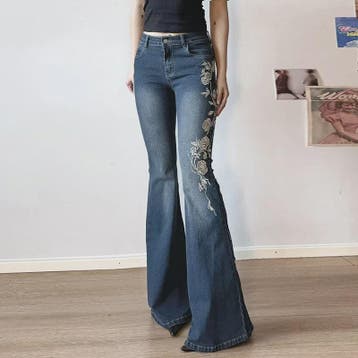 Dames Jeans met Retro Bloemenborduurwerk - Y2k Stijl Flared, Kleding | Dames, Verzenden, Nieuw