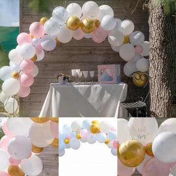 Genderreveal ballonboog deLuxe roze, blauw, wit en goud nu s, Verzenden, Nieuw, Geboortebord