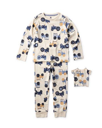HEMA Kinderpyjama tractors met poppenpyjama gebroken wit, Verzenden, Nieuw