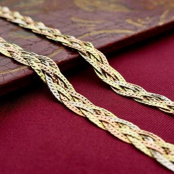 Tricolor gouden gevlochten collier; 14 karaat; 45 cm, Ophalen of Verzenden, Gebruikt, Goud, Goud