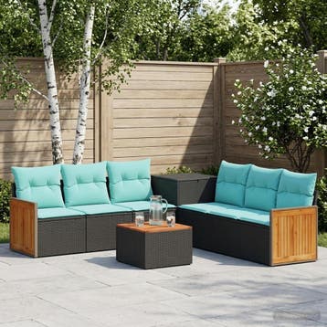 vidaXL Bankstel 8 st Zwart en Blauw Poly Rattan en Staal, Verzenden, Nieuw