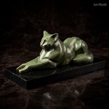 Beeld, Moderne liggende kat - 16 cm - Brons, Marmer