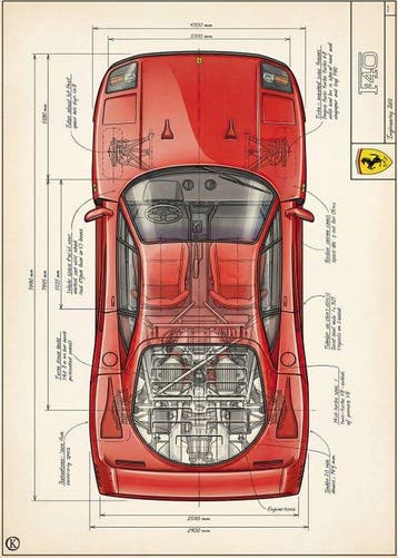 Kleury.art - [XL MATTE PAPER] Industrial Blueprint: Ferrari