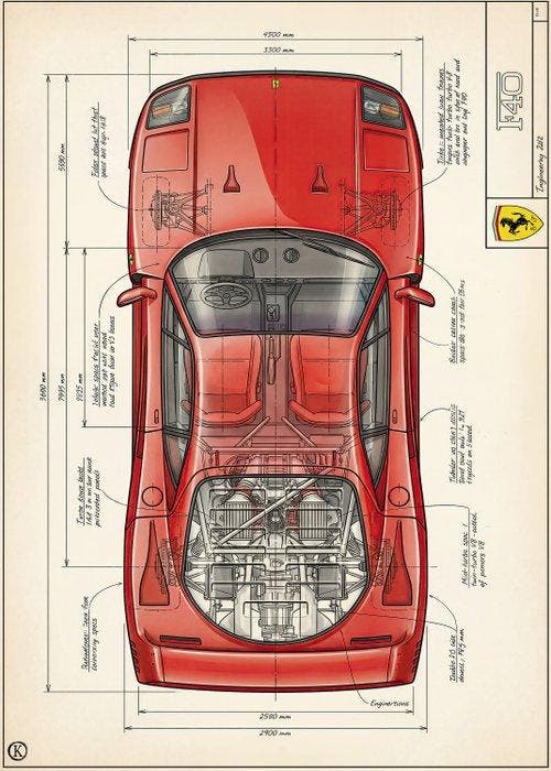Kleury.art - [XL MATTE PAPER] Industrial Blueprint: Ferrari, Antiek en Kunst, Kunst | Tekeningen en Foto's