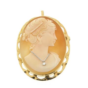 Gouden broche/hanger met camee en diamant, Gebruikt, Ophalen of Verzenden, Met edelsteen, Goud