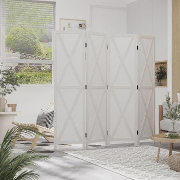 HOMCOM Paravent 4 Panelen Wit Hout Landelijke Stijl Kamerver, Huis en Inrichting, Woonaccessoires | Kamerschermen, Verzenden, Nieuw