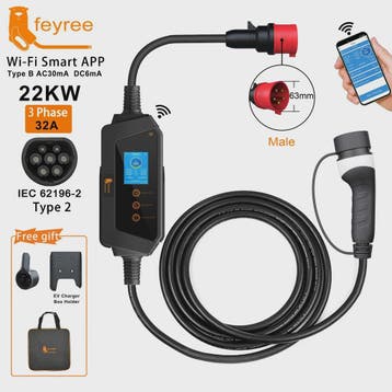 Feyree 22KW 3-Fase Draagbare EV Charger Type 2 met Wi-Fi APP, Verzenden, Nieuw