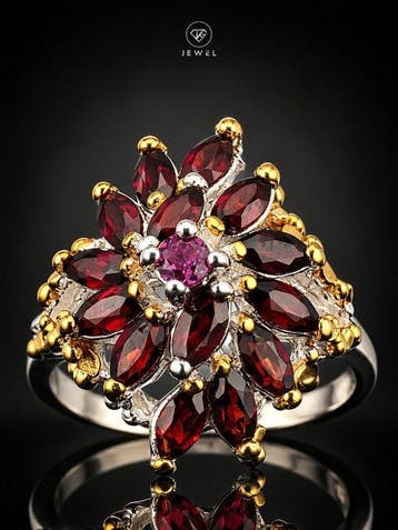 Zonder minimumprijs - Ring Garnet Bloemenring - Rhodoliet, Nieuw