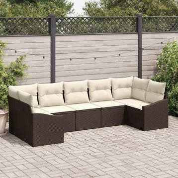 vidaXL Bankstel met kussen 7 pcs Bruin poly rattan, Verzenden, Nieuw, Rotan, 7 zitplaatsen