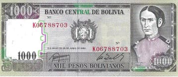 Bolivia 1000 Pesos Bolivianos - 1982 - UNC, Verzenden