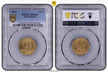 Gouden Wilhelmina serie 10 gulden 1911-1933 MS64 PCGS, Verzenden, Goud, Koningin Wilhelmina, Losse munt