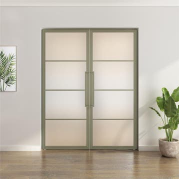 Dubbele stalen taatsdeur - 4 Vlaks - Olijfgroen - Mat glas, Minder dan 80 cm, Overige typen, Nieuw, Metaal