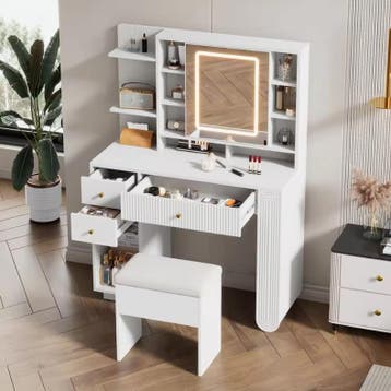 Moderne Kaptafel met LED Spiegel en Kruk met Opbergruimte, Verzenden, Nieuw