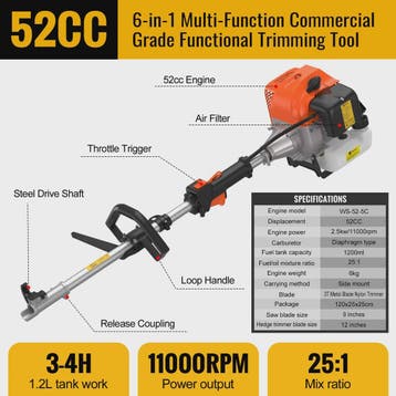 CONENTOOL 52CC 6-in-1 Benzine Grasmaaier, Bosmaaier, Heggens, Tuin en Terras, Bosmaaiers, Verzenden, Nieuw