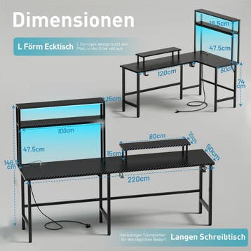 Gaming bureau - Gaming desk - Hoekbureau - 220x50 cm - Zwart, Verzenden, Zo goed als nieuw