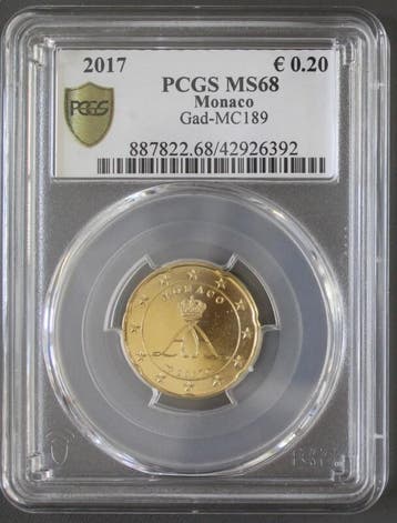 20 Cents Monaco Km 192 20 Cent 2017 Albert Ii Pcgs Ms68, Postzegels en Munten, Munten | Europa | Euromunten, Verzenden