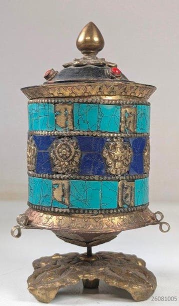 Gebedsmolen of gebedswiel - Brons / koper / turkoois en, Antiek en Kunst