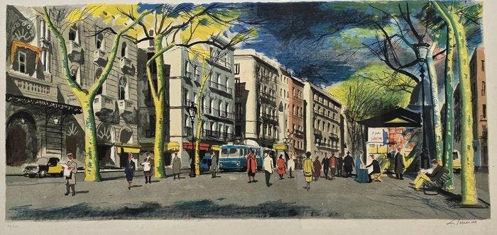 Frederic Lloveras Herreras (1912-1983) - Paseo en la ciudad, Antiek en Kunst, Kunst | Designobjecten