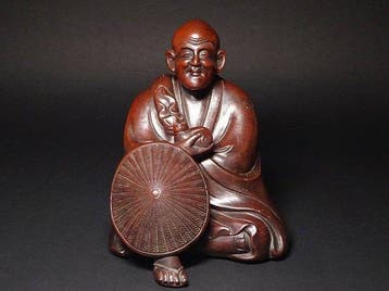 Prachtig bizen-okimono van een monnik en dichter Saigyo met