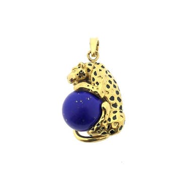 Gouden hanger van een panter met Lapis Lazuli, Ophalen of Verzenden, Gebruikt, Goud, Overige merken