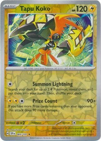 Tapu Koko 065/191 reverse holo surging sparks, Ophalen of Verzenden, Nieuw, Losse kaart, Foil