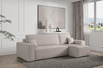 Hoekbank Ribstof Karlo Beige | Universeel | €449,-, Hout, Hoekbank, 200 tot 250 cm, 100 tot 125 cm