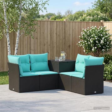 vidaXL Bankstel 5 st Zwart en Blauw Poly Rattan en Staal, Verzenden, Nieuw