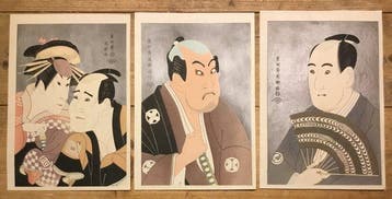 Drie Japanse houtblok prenten van Kabuki acteurs - Toshusai