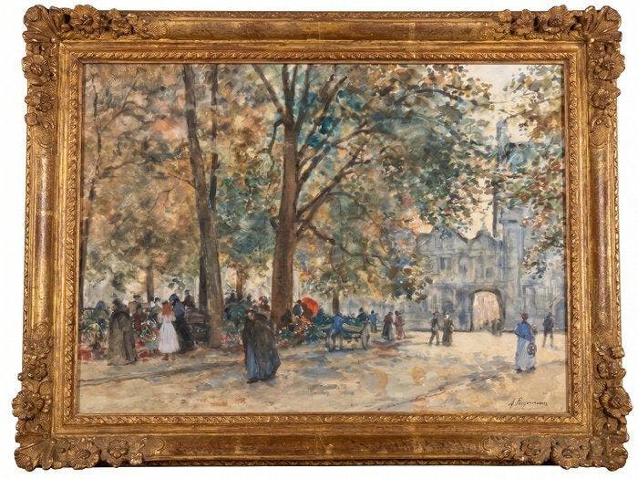 Alphonse Ernest Pecquereau (1831-1917) - Dorpsplein, Antiek en Kunst, Kunst | Schilderijen | Klassiek