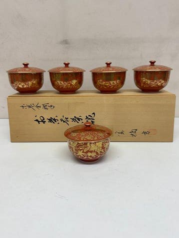 Japanse vintage yunomi – set van vijf thee-kopjes met