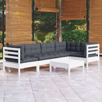vidaXL 6-delige Loungeset met kussens grenenhout wit, Verzenden, Nieuw, 6 zitplaatsen, Loungeset