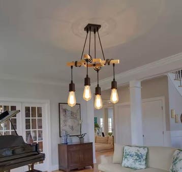 Industriële Vintage Hanglamp – Houten Kroonluchter E27 Zwart, Huis en Inrichting, Verzenden, Nieuw