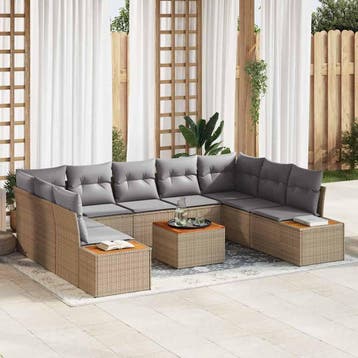 vidaXL Tuinbankenset 10 st Beige Poly riet, Verzenden, Nieuw, Meer dan 8 zitplaatsen