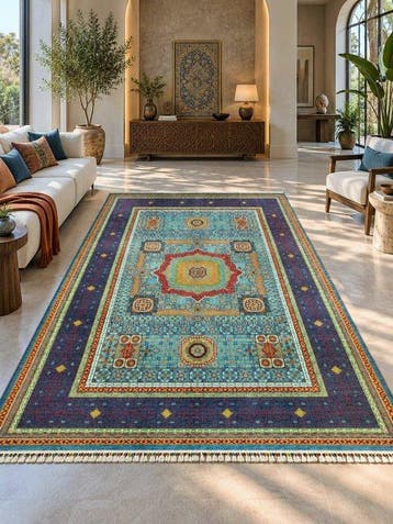 Premium turquoise en marineblauw 100% handgeknoopt Afghaans, Nieuw