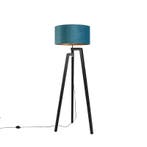 Vloerlamp tripod zwart met blauwe kap en goud 50 cm - Puros, Verzenden, Nieuw, Hout, Country-rustic