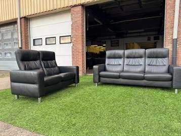 STRESSLESS Wave  bankstel zwart leer design 3+2 zits banken, Design, 150 tot 200 cm, Rechte bank, Vierpersoons of meer