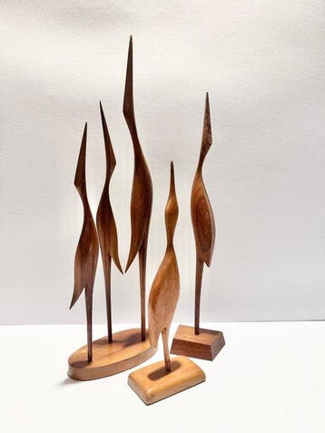 Beeldje - Five wooden cranes / birds 41 cm (5) - Hout