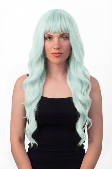 KIMU® Luxe Lange Mintgroene Pruik Slag Rechte Pony Haarwerk, Ophalen of Verzenden, Nieuw, Carnaval