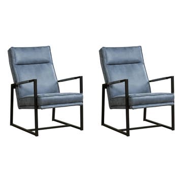 Set van 2 Leren fauteuils Square - Kenia Denim (blauw), Nieuw, Ophalen of Verzenden, 50 tot 75 cm, Leer
