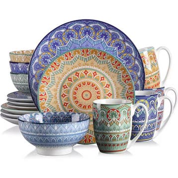 Boheemse Mandala 16-delige Keramische Serviesset - Kleurrijk, Verzenden, Nieuw, Keramiek, Compleet servies